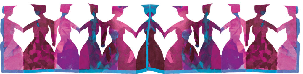 Eine stilisierte, durchgehende Reihe von weiblichen Silhouetten, die sich an den Händen halten. Die Figuren sind in kräftigen Aquarellfarben wie Pink, Violett und Türkis gestaltet und stehen nebeneinander vor weißem Hintergrund. Die Darstellung wirkt abstrakt und symbolisiert Gemeinschaft, Zusammenhalt und Solidarität.